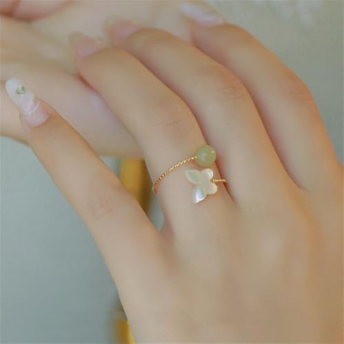 Dainty Green Ball Adjustable Open Wrap Ring for Women Gold Plated Stacking Statement Wedding Artificial Jade Shell Stone Finger Rings Fashion Layered Comfort Fit Christmas Holiday Jewelry (Butterfly)2