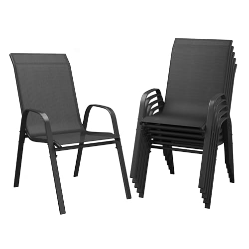Image of DIFY Patio Chairs Set of 6, Stackable Outdoor Dining Chairs Set with Breathable Textilene High Back and All-Weather Metal Frame for Garden, Backyard, Deck, Dark Grey