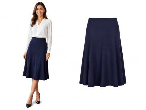 Image of Inspire Me Womens Skirts 8 Panel Half Elasticated 27 Inch Knee Length Casual Stretchy Flared Work Dress Maxi Skirt Ladies Soft Stretch Pleated Skirt Multiple Colours Girls School Skirt(Navy, 14)
