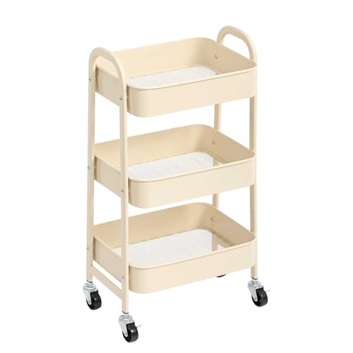 Image of AGTEK Makeup Cart, Movable Rolling Organizer Cart,3 Tier Metal Utility Cart, Beige