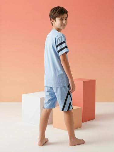 Image of Li'l Tomatoes Boys 100% Cotton Night Suit Set | Half Sleeve T-Shirt & Shorts | Color Block & Typography Print | Soft & Breathable Sleepwear | Casual Summer Wear | 9-16 Years