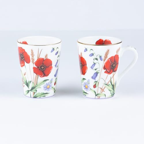 Image of GOLDEN QUEEN'S Mugs Set of 2 for Coffee, Tea, Milk - Ideal for Your Daily Beverage Ritual, Hosting & Casual Gatherings - Wild Poppy Florals (24K Gold on Rim)