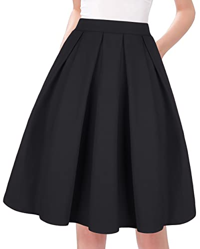 Tandisk Women's High Waist Flared Skirt Pleated Midi Skirt with