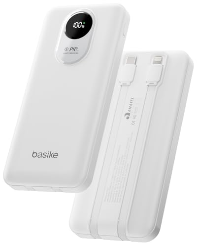 Basike Power Bank, Carregador Portátil Universal 10000mAh, USB-A(até 22.5W)+USB-C(até 20W), com 2 Cabos Integrados (USB-C, Lightning) Carregamento Rápido, Led Indicador de Bateria (Branco)