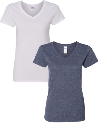 T-shirt col V Gildan pour femmes, coton lourd, paquet de 2, blanc-marine chiné, moyen