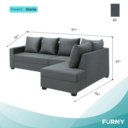 Image of FURNY Gloria 6 Seater Fabric RHS L Shape Sofa Set (Dark Grey) Premium Velvet Finish | Durable Comfort | Ideal for Living Room