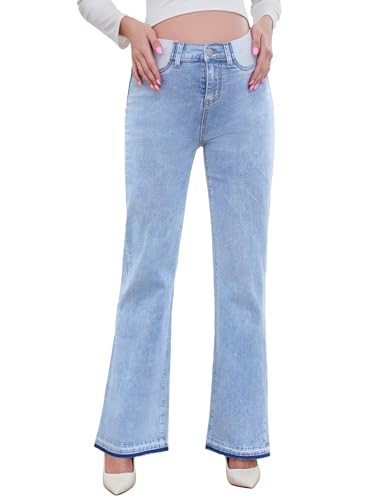 Image of PACBREEZE Women's Maternity Flare Jeans Mid-Rise Stretchy Bell Bootcut Jeans Denim Pregnancy Pants, S-XXL