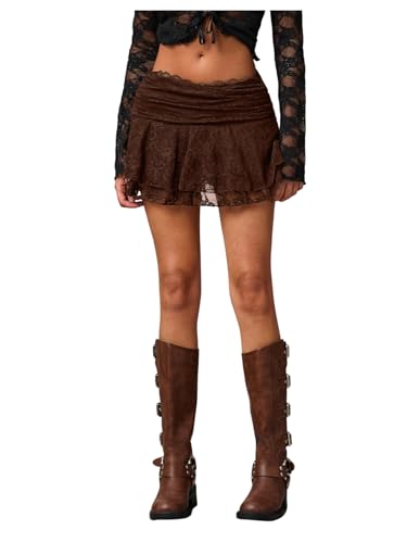 Women's Floral Lace Ruffled Hem Mini Skirt Tiered Layer Ruched A Line Short Skirt