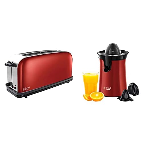 Russell Hobbs Tostadora Colours Plus 1 Ranura Larga y Ancha, para 2 Rebanadas + Exprimidor Eléctrico Colours Plus Exprimidor de Naranjas y Zumos, 2 Conos Intercambiables, Acero Inoxidable