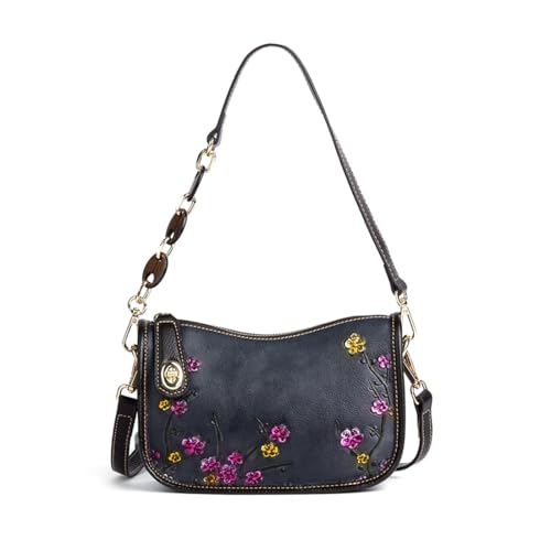 Genuine Leather Shoulder Bag for Women: Vintage Cowhide Leather Crossbody Purse - Flower Embossed Underarm Bag