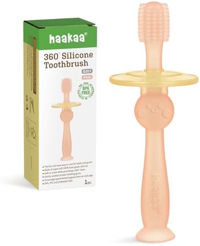 haakaa 360° Baby Toothbrush with Suction Base - Gentle Cleaning for Toddler's Self-Brushing Training, Food-Grade Silicone, Adjustable Safety Shield - Pink (1 Piece)