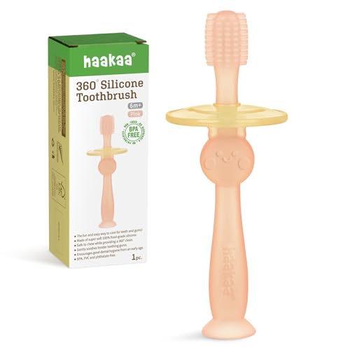 Image of haakaa 360° Baby Toothbrush with Suction Base - Gentle Cleaning for Toddler's Self-Brushing Training, Food-Grade Silicone, Adjustable Safety Shield - Pink (1 Piece)