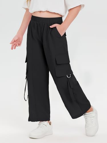 Image of Haloumoning Girls Parachute Pants Kids Wide Leg Cargo Pants Y2K Street Trousers with Pockets 5-14 Years