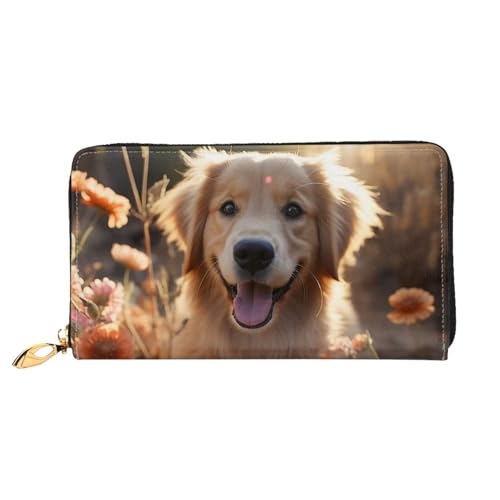 Golden Retriever and Flowers Leather Wallet for Women Long Coin Purse Ultra Slim Credit Cards Holder Bifold Clutch