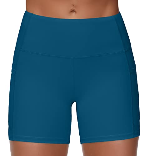 Image of THE GYM PEOPLE High Waist Yoga Shorts for Women's Tummy Control Fitness Athletic Workout Running Shorts with Deep Pockets