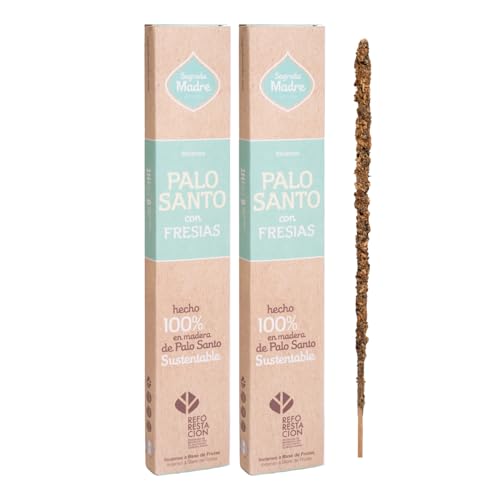2 Inciensos de Palo Santo con Fresias - Sagrada Madre | Pack de 2 Cajas de Sahumerio Hecho 100% Natural con Palo Santo y Aceites Esenciales Naturales | 8 Varillas Gruesas por Caja y 1 Hora de Duración