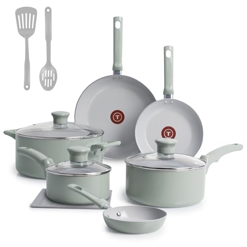 T-Fal Refresh Ceramic Nonstick Cookware Set, Oven Safe Up to 350ºF, 12-Piece, Includes Stockpot, Griddle, Frying Pans, Utensils, Ceramic Pots and Pans Set, Mint Green