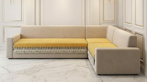Image of Velvet Quilted Sofa Cover Mat Seat & Back, L Shape 3+3, Main L69in Chaise L69in H32in, Yellow Color,Anti Skid Backing, 6in Hanging Strap Design, Washable S, Style -Yellow-L33