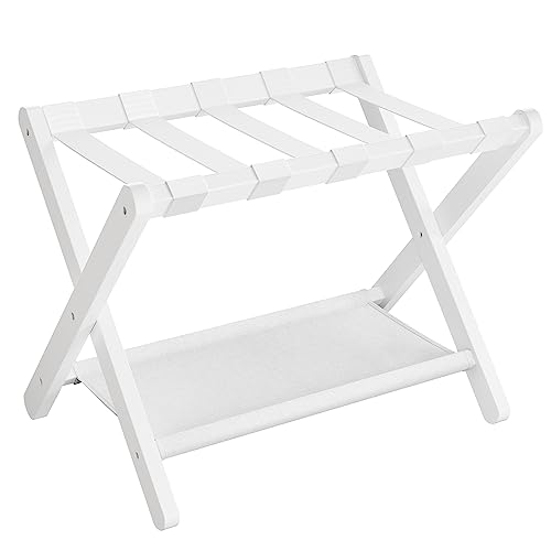 SONGMICS Luggage Rack, Folding Suitcase Stand with Storage Shelf, for Guest Room, Hotel, Bedroom, Heavy-Duty, Holds up to 131 lb, Classic White URLR007W01 Classic White 1 Pack