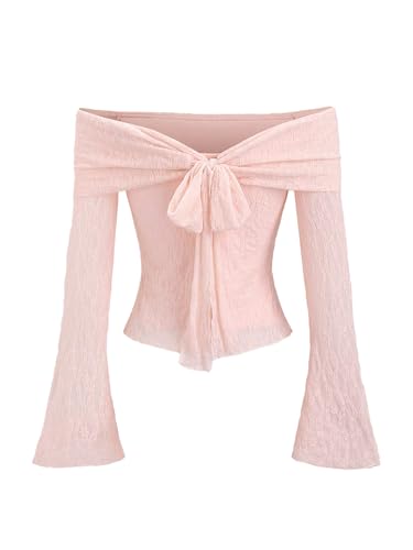 Floerns Women's Off Shoulder Lace Tops Going Out Flare Sleeve Bowknot Girly Tops Light Pink Small