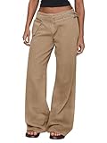 Cicy Bell Womens Wide Leg Jeans with Buckle Detail Casual Mid Rise Boyfriend Baggy Denim Pants with Pockets 2025 Khaki
