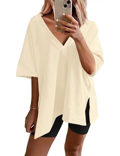 Image of Ekouaer Womens Pajamas 2 Piece Lounge Sets Oversized V Neck T-Shirts Tops Biker Shorts Set Workout Reversible Tracksuit S-XXL