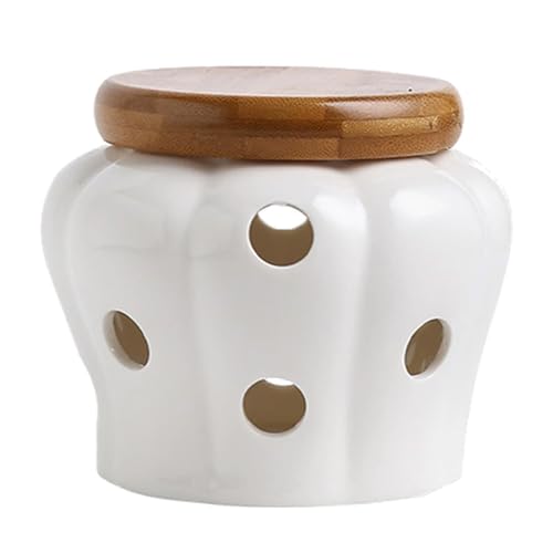 Large Ceramic Garlic Keeper, with Wood Lid, Garlic Storage Box, Garlics Keeper Storage Holder, White Jar Storage Container, for Kitchen, 13cm, Ventilated Garlics Saver