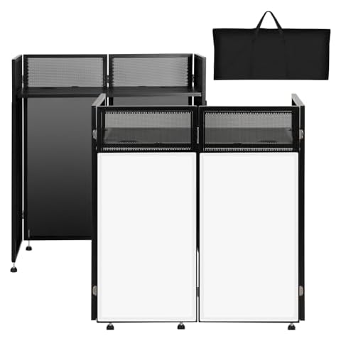 LUCKUP Portable DJ Booth 41"L x 20"W DJ Facade with White & Black Scrim, Foldable DJ Table Station with Adjustable Feet for Party, Black Metal Frame Cover