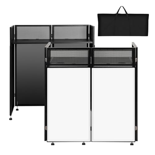 SMONTER Portable DJ Booth 41L x 20W DJ Facade with White & Black Scrim Foldable DJ Table Station with Adjustable Feet for Party Black Metal Frame