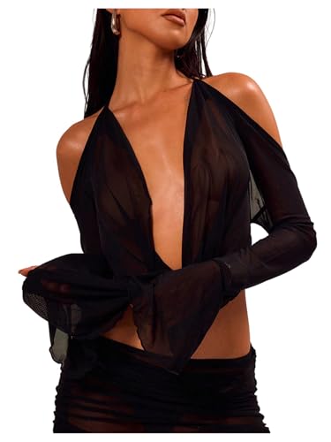 SOLY HUX Women's Mesh Sheer Halter Open Back Tops Sexy Deep V Neck Draped Bell Long Sleeve Going Out Tops Party Clubwear Plain Black Small