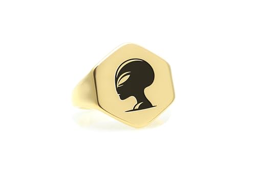 Bague de forme hexagonale gravée au design alien et science - 5