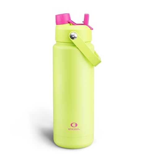 Image of ENCOOL Insulated Water Bottle with Straw Stainless Steel Water Bottle, Leak-Proof, BPA-Free, Double Wall Vacuum Keeps Cold for 24 Hours for Sports, Travel, School (32 oz, Acid Green)