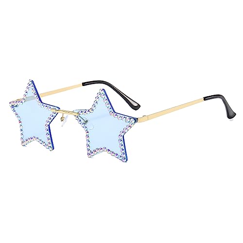 GLGHMH Rhinestone Star Glasses Rimless Star Shaped Funky Bling Diamond Sunglasses Fashion Sparkling Sunglasses for Summer Beach Party Festival Women Men Teen (Blue)