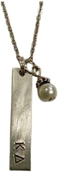 Kappa Delta Bar Pendant with white glass pearl dangle, KD Sorority Greek Necklaces, comes on an 18 inch stainless steel link necklace with lobster claw