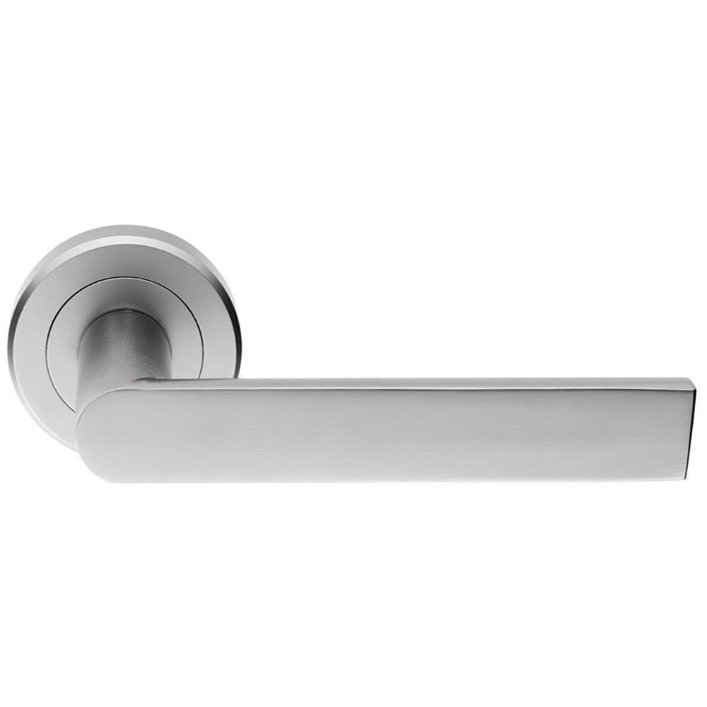 Pair Flat Rectangular Bar Handle on Round Rose - Concealed Fix - Satin Chrome | Door Handle Lever on Screwless Rose - Internal Door Hardware - Screws, Fixings and Spindle Included