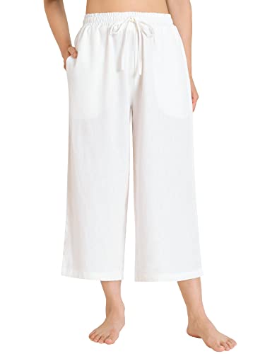 Weintee Women's Linen Capris Wide Leg Cropped Pants with Pockets, White, Large