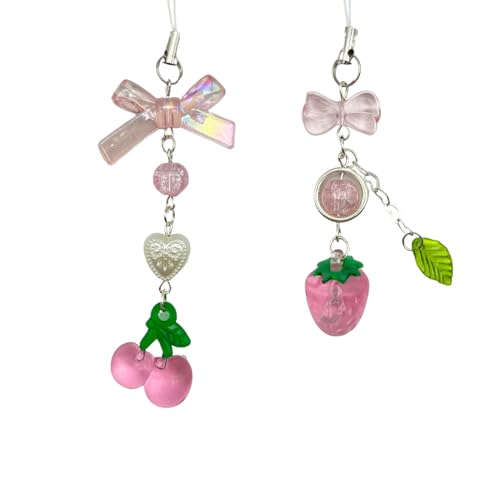 Strawberry Cherry Phone Charms Aesthetic Y2K Cell Phone Charm Cute Strap Accessories with Leaves and Heart for Phone Bag Keychain Camera Pendants Decor (Pink)