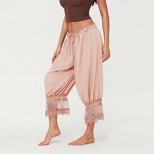 Image of KOSUSANILL Women Long Bloomer Pants Lace Trim Ruffle Pantaloons Cropped Lounge Pajama Bottoms Y2K Capri Pettipants