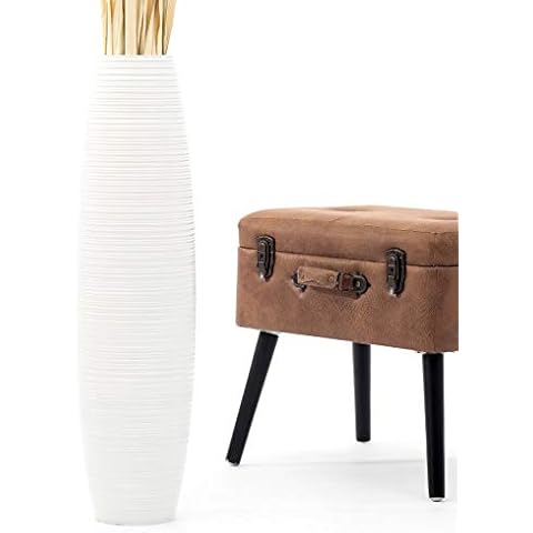 Leewadee Large White Home Decor Floor Vase – Wooden 28 inches Tall Farmhouse Decor Flower Holder for Fake Plant and Pampas Grass Cover