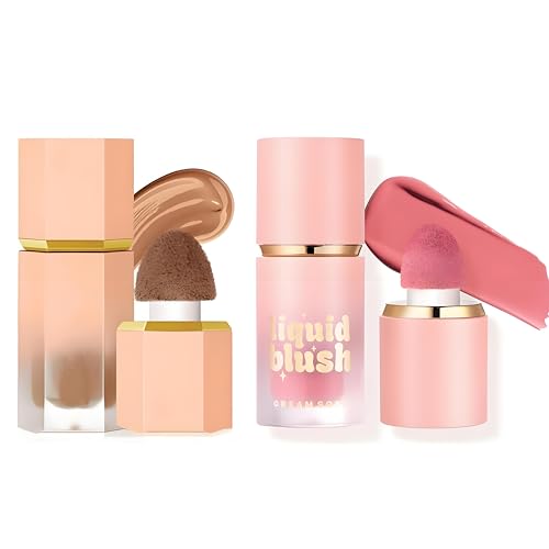 Beauty Searcher Set de maquillaje para colorete y contorno, ligero y transpirable, colorete en crema de larga duración- esponja incorporada- set de regalo para maquillaje facial (#Colorete1+Contorno1)