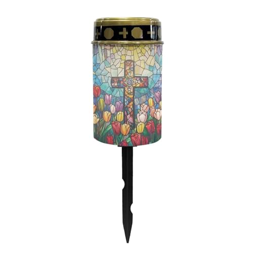 Image of Solar Garden Lights, Cross Tulip Pattern Outside Waterproof Light for Garden Yard Pathway Cemetery Grave Decor Night Path Lights
