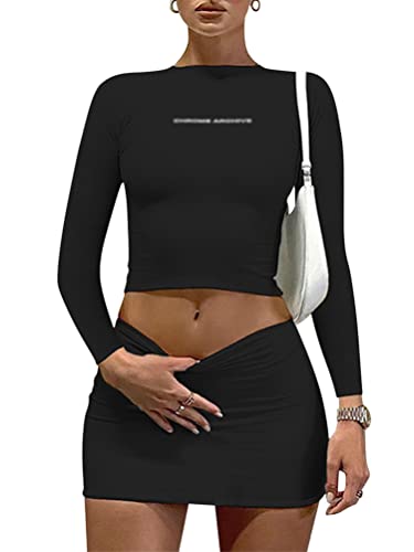 Onsoyours Ensemble Femme Sexy Chic de 2 Pcs Crop-Top Tricoté à Manches Longues + Mini Jupe Crayon Moulante A Noir S