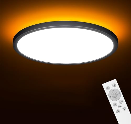 Image of PANCA 12-Inch LED Ceiling Light with Remote | 24W 3-Color Dimmable Smart Ceiling Light with Night Light Mode | Warm, Cool & Neutral Flush Mount Round Ceiling Lamp for Home (Black)