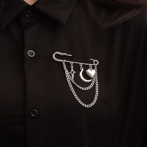 Image of Punk Gold Silver Star Moon Tassel Chain Brooch Sweater Shawl Clips Collar Pin for Women Safety Chain Tassel Broochs