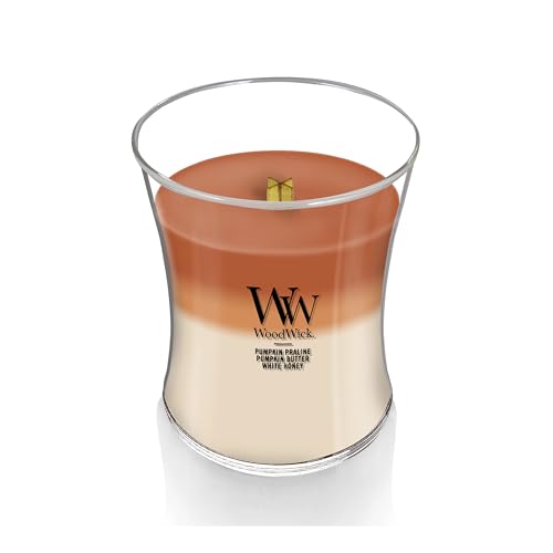 WoodWick Pumpkin Gourmand Trilogy Holiday Candle Gifts for Women and Men, 9.7 oz Medium Hourglass Trilogy Candle with Crackling Wick