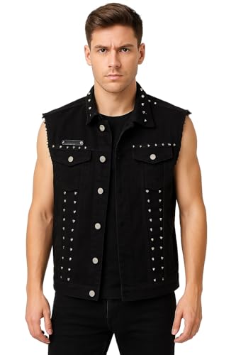 Lazutom Men's Punk Denim Vest Sleeveless Lapel Jean Jackets Waistcoat with Rivets