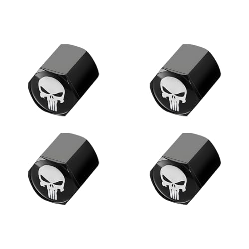 JNNJ 4 Stücke Totenkopf-Reifenventilkappen Für Auto, Autoventilkappen Personalisiert Großer Sechseckiger Tropfenteller Totenkopf Logo Autoteile, Auto-Ventilkappen Personalisiert Großer Hex(Schwarz)