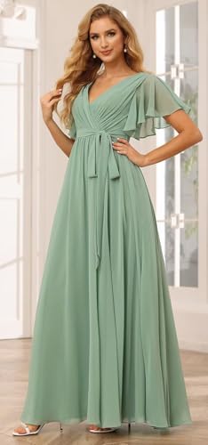 SEIM Women's Flutter Sleeve Bridesmaid Dresses Long V Neck Chiffon Formal Dresses with Pockets SE1014