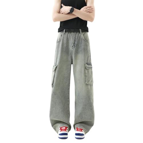 Men's Casual Denim Baggy Pants Mid-Rise Straight Casual Wide-Leg Fashion Streetwear Cargo Jeans with Pockets