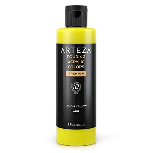 ARTEZA Peinture acrylique à verser, 236 ml, A101 Jaune citron, peinture acrylique à haut débit, sans mélange, peinture à verser sur toile, verre, papier, bois, carrelage et pierres